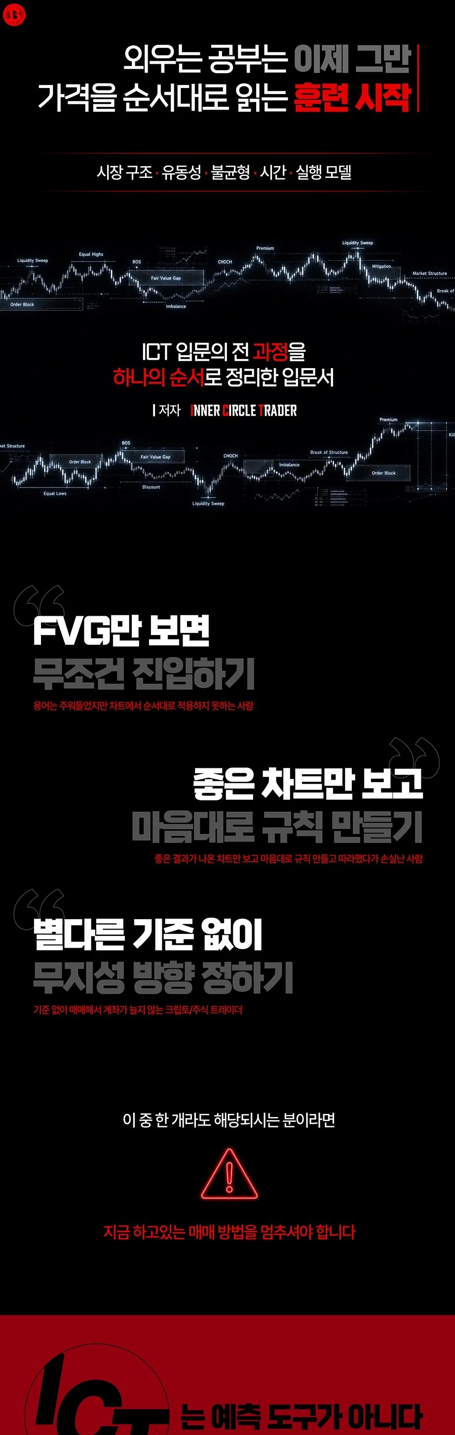 ICT 입문서 상세 안내: 정의·차트 표시·검증 제안의 3단 구성, 오리엔테이션부터 시장 구조·구조 전환·유동성까지의 챕터 목차, 진급 기준과 구성 안내