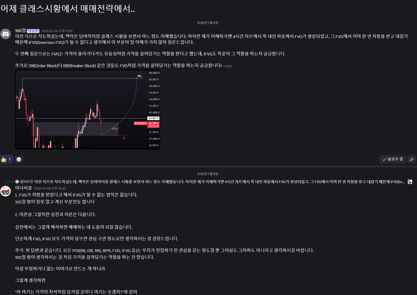 클래스 시황 매매전략에 대한 질문과 이너서클의 FVG, IFVG 개념 답변